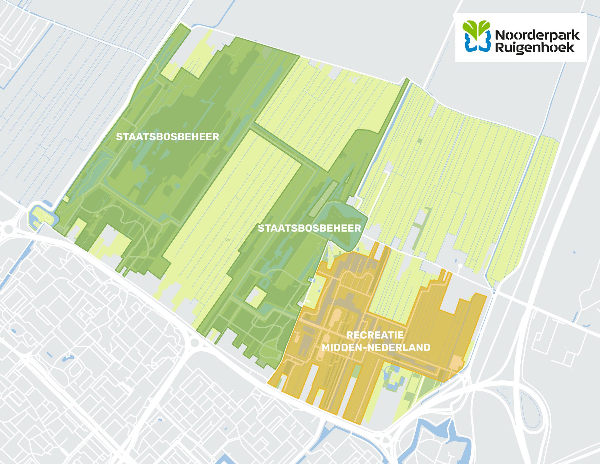 Kaart van de verdeling tussen gebiedsbeheerders Staatsbosbeheer en Recreatie Midden Nederland in Noorderpark Ruigenhoek
